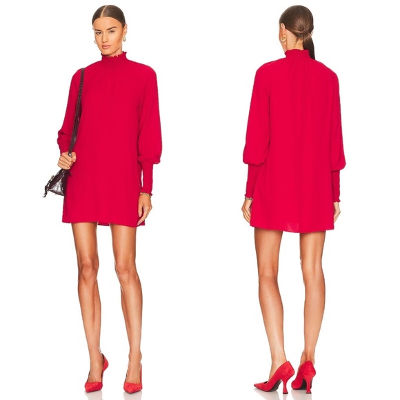AMANDA UPRICHARD Naomi Smocked Long Sleeve Mini Dress in Scarlet Red - Picture 11 of 11